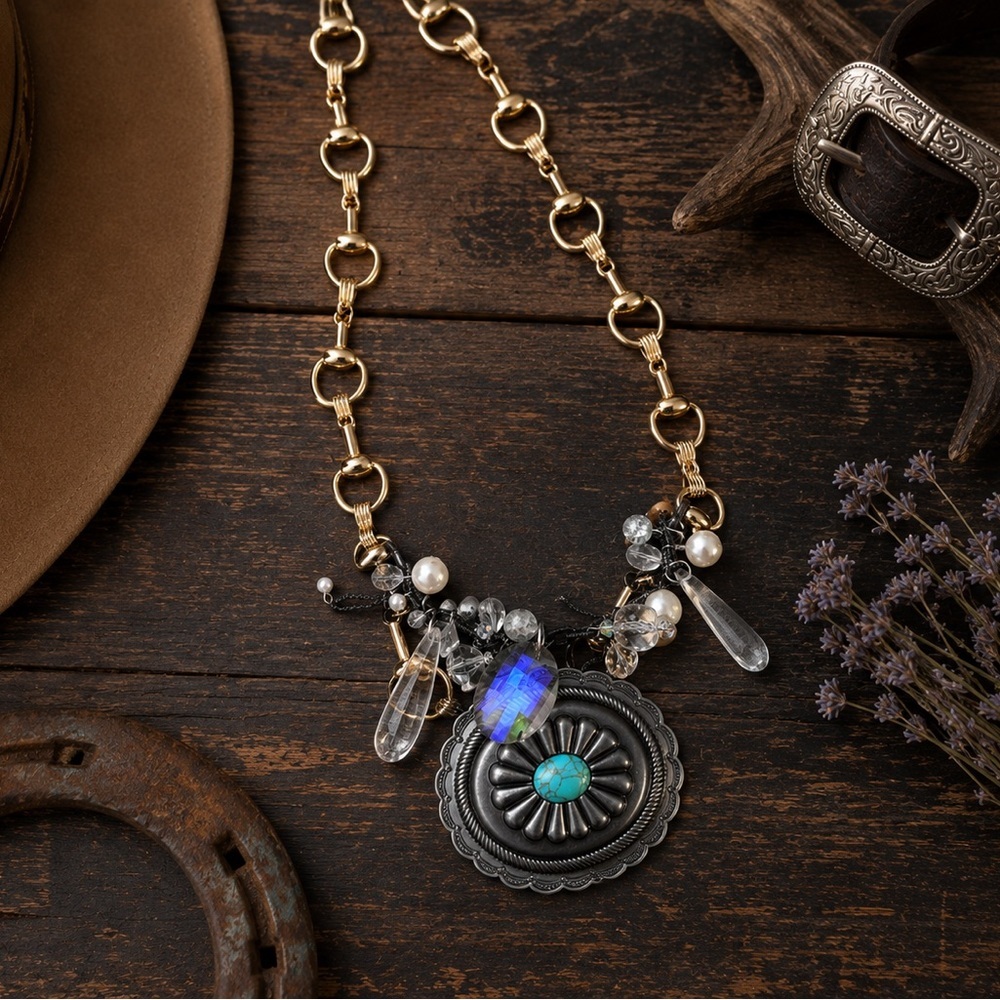 RUBYRUDI Artisan Western Necklace OOAKGold-Link Concho Belt Buckle Up Cycled - Picture 4 of 13